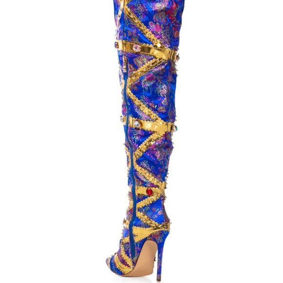 AZALEA WANG "THE HIGH  STEPPER BRIGADE" BLUE BAROCADE EMBELLISHED BOOT(BRAND NEW - Picture 3 of 8